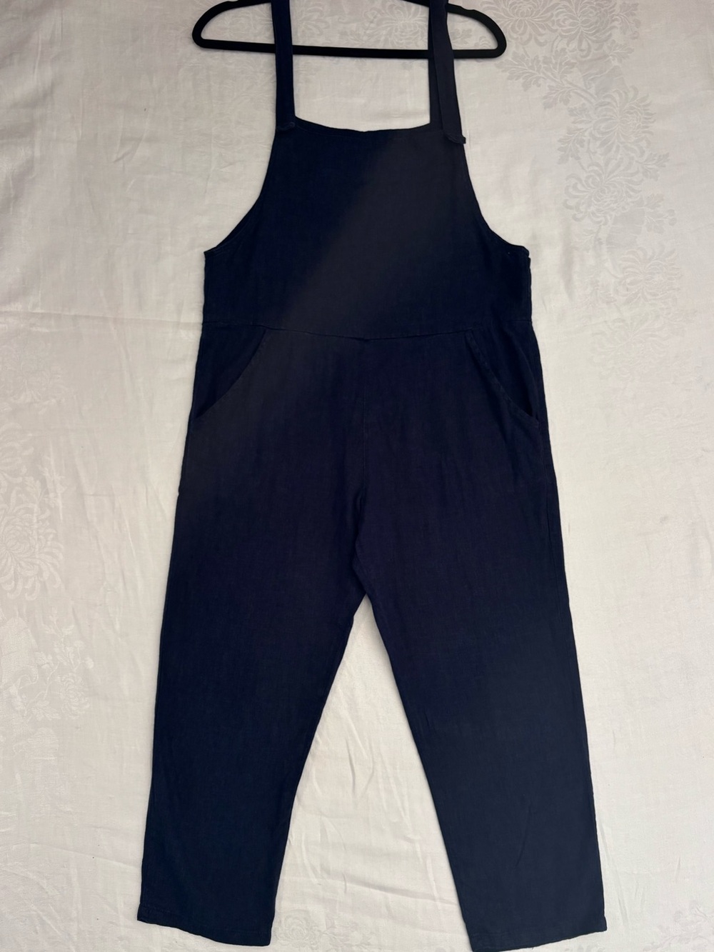 Navy Linen Blend Overalls Jumpsuit Lagenlook Minimalist Cropped Relaxed Fit Med